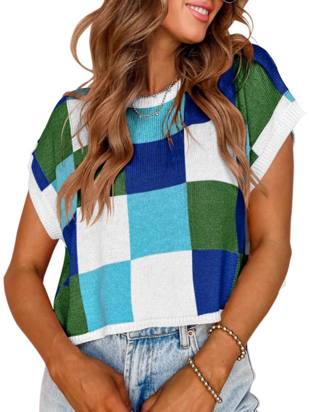 Women's Green Knit Crop Tops Crew Neck Loose Fit Summer Comfort Cap Sleeve